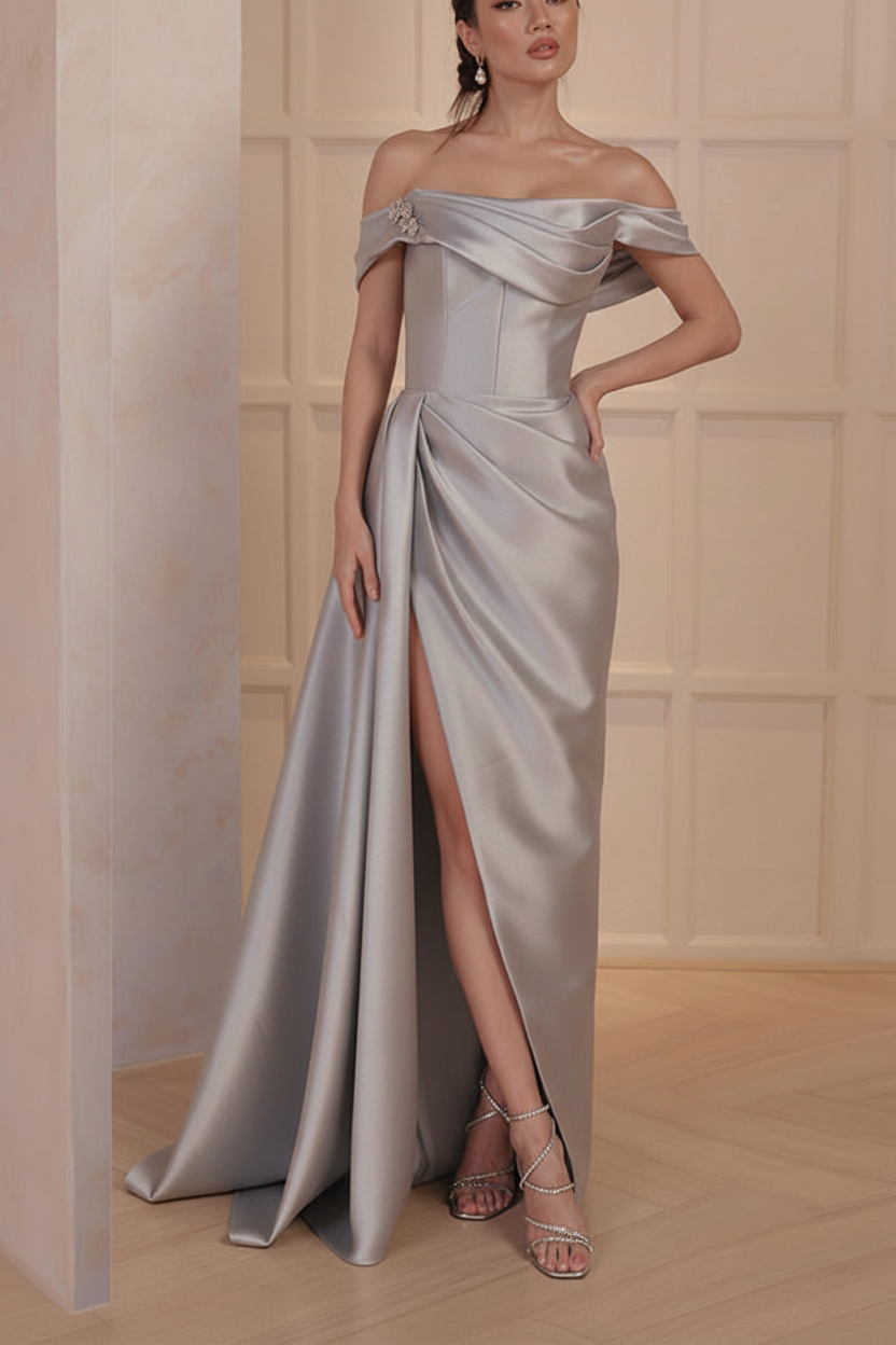 A-Line/Princess Off-the-Shoulder Satin Mother of the Bride Dresses with Split Side