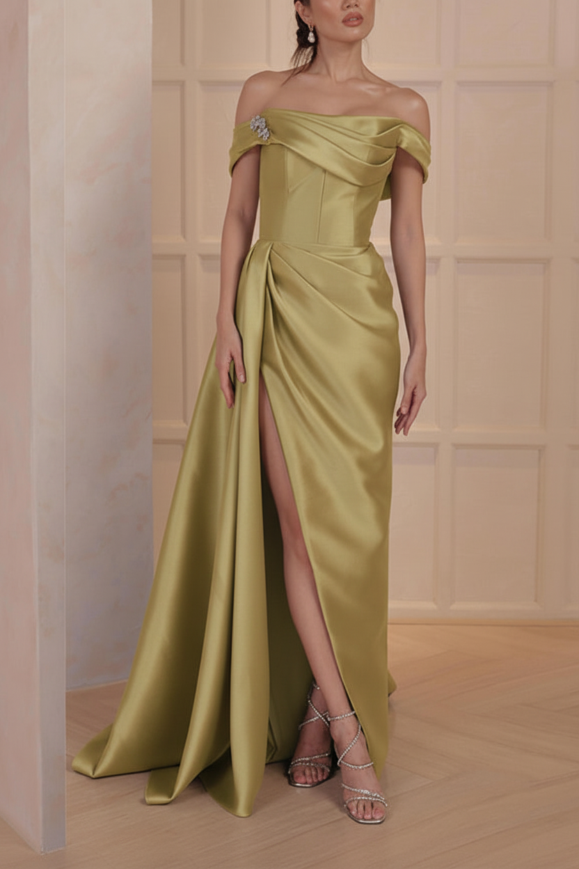 A-Line/Princess Off-the-Shoulder Satin Mother of the Bride Dresses with Split Side
