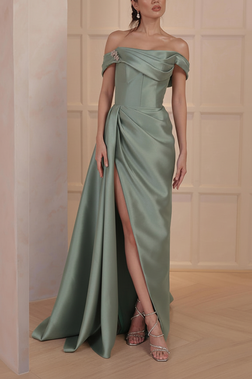 A-Line/Princess Off-the-Shoulder Satin Mother of the Bride Dresses with Split Side