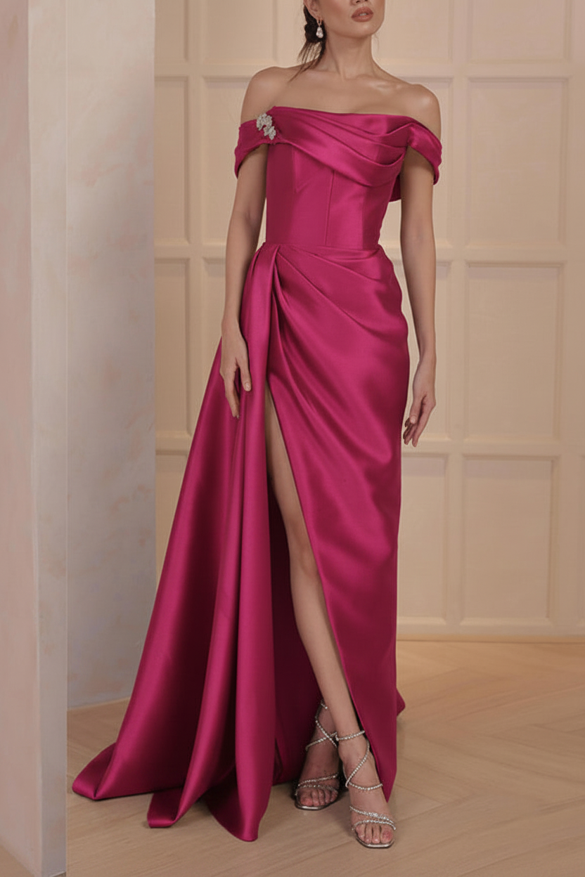 A-Line/Princess Off-the-Shoulder Satin Mother of the Bride Dresses with Split Side