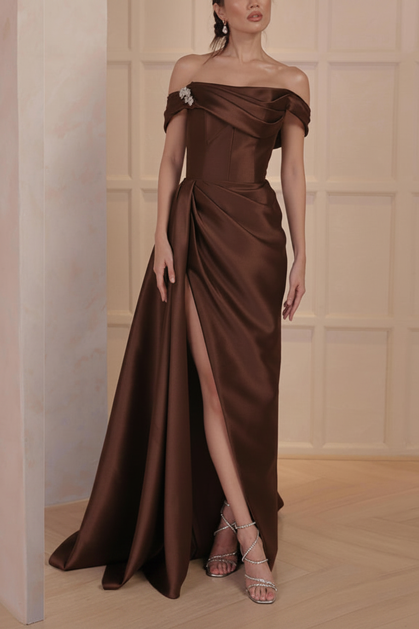 A-Line/Princess Off-the-Shoulder Satin Mother of the Bride Dresses with Split Side