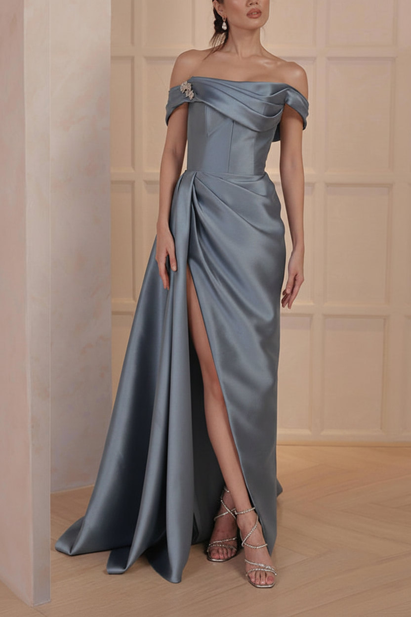 A-Line/Princess Off-the-Shoulder Satin Mother of the Bride Dresses with Split Side