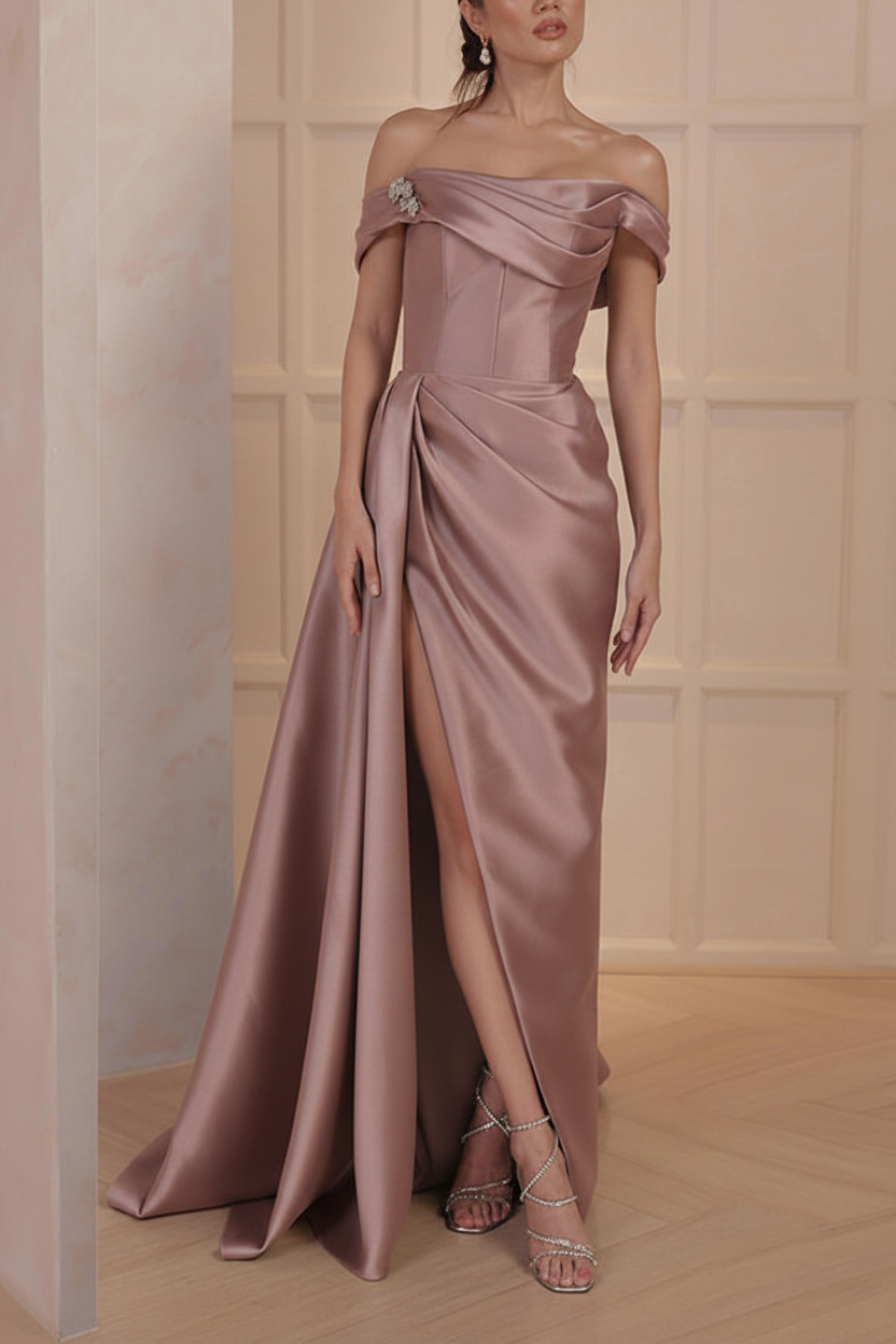 A-Line/Princess Off-the-Shoulder Satin Mother of the Bride Dresses with Split Side