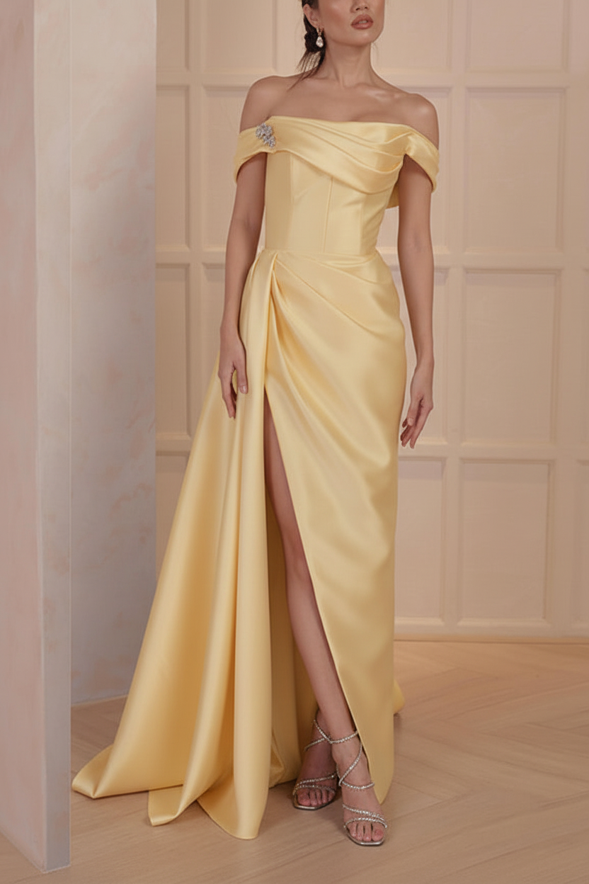 A-Line/Princess Off-the-Shoulder Satin Mother of the Bride Dresses with Split Side