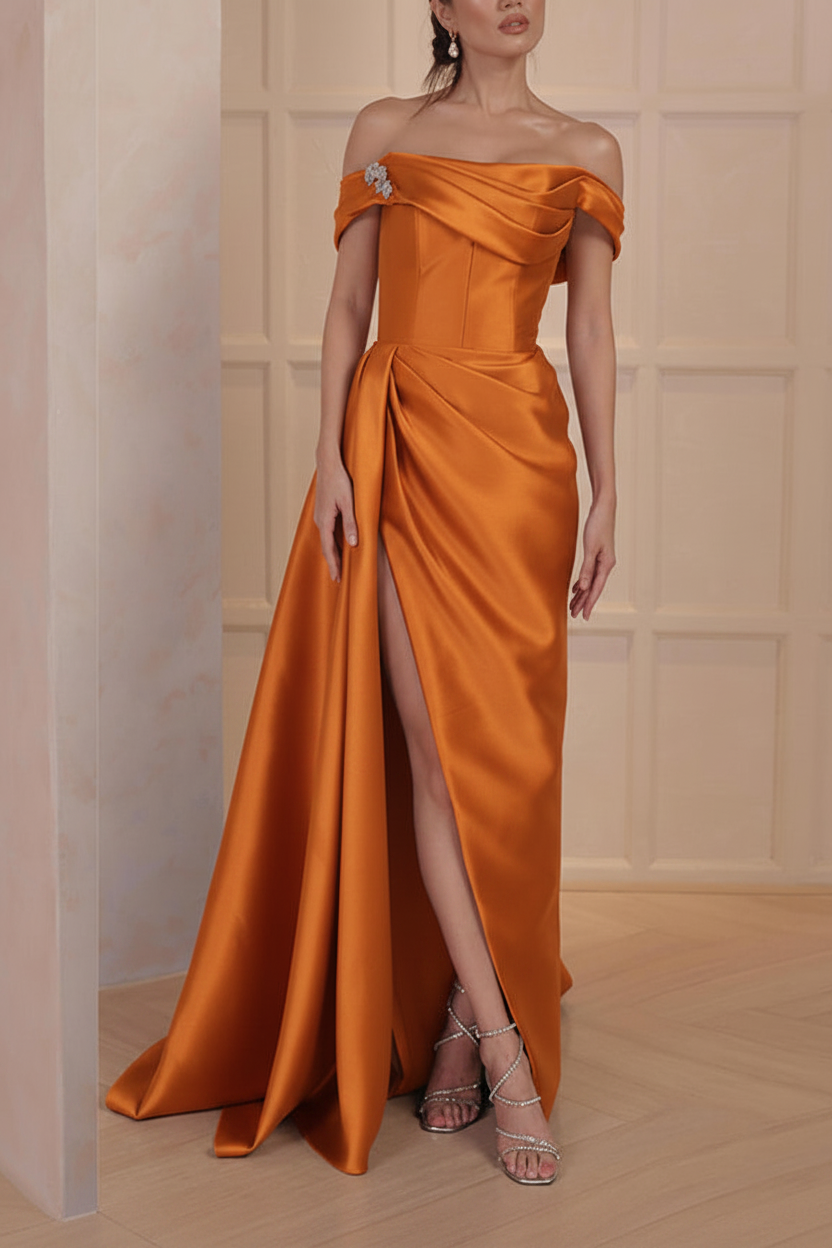A-Line/Princess Off-the-Shoulder Satin Mother of the Bride Dresses with Split Side