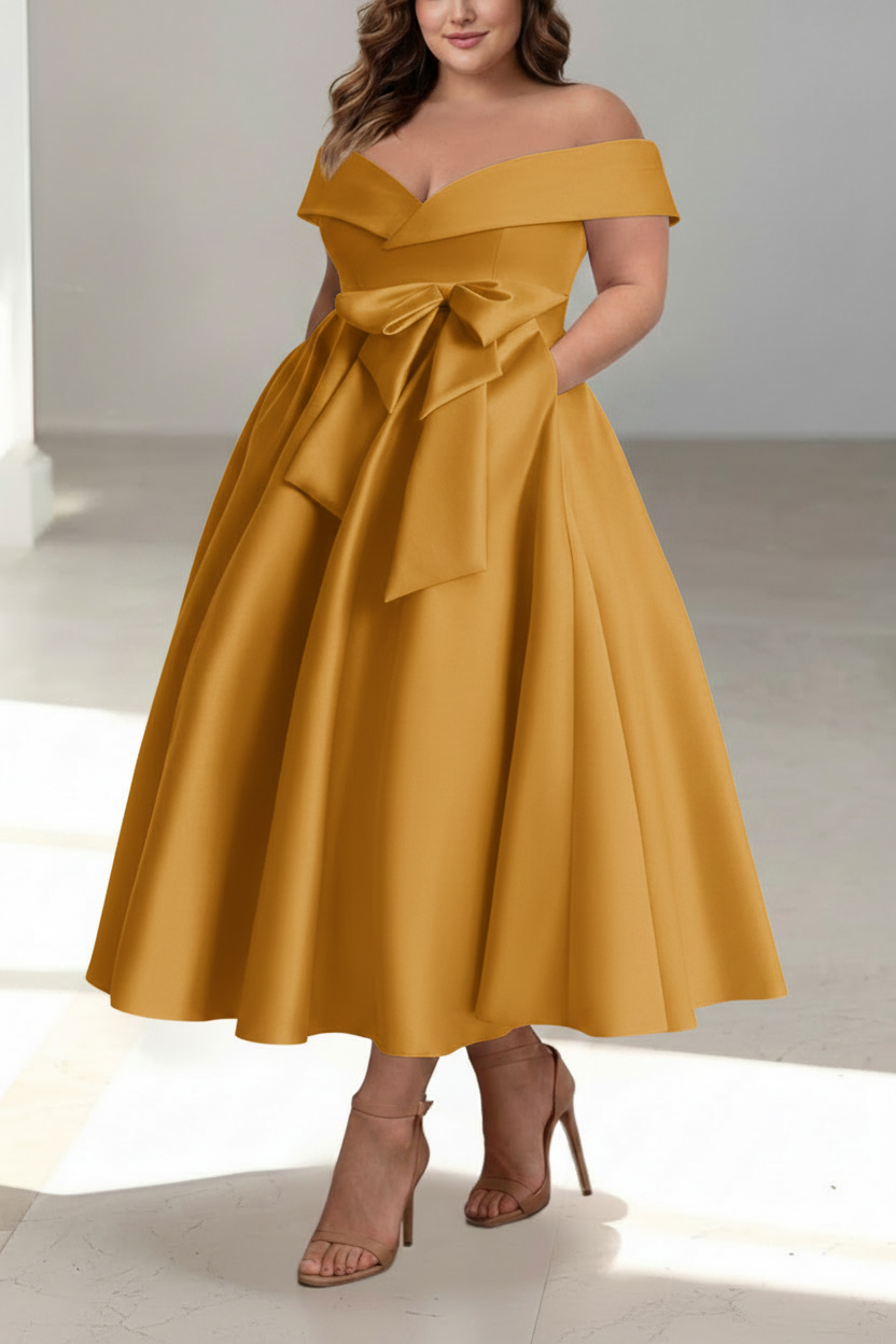 A-Line/Princess Off-the-Shoulder Sleeveless Ankle-Length Plus Size Mother of the Bride Dresses with Pockets