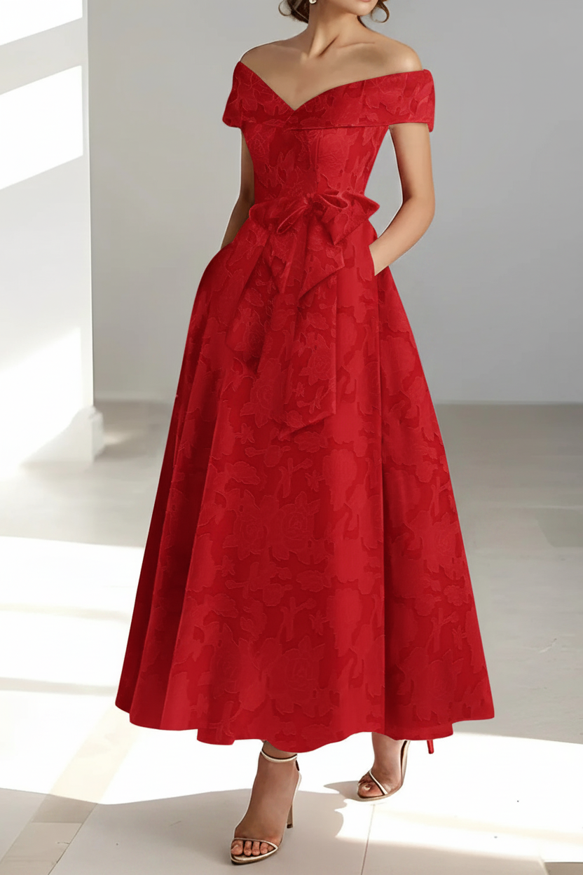A-Line/Princess Off-the-Shoulder Sleeveless Ankle-Length Rose Lace Applique Mother of the Bride Dresses with Pockets