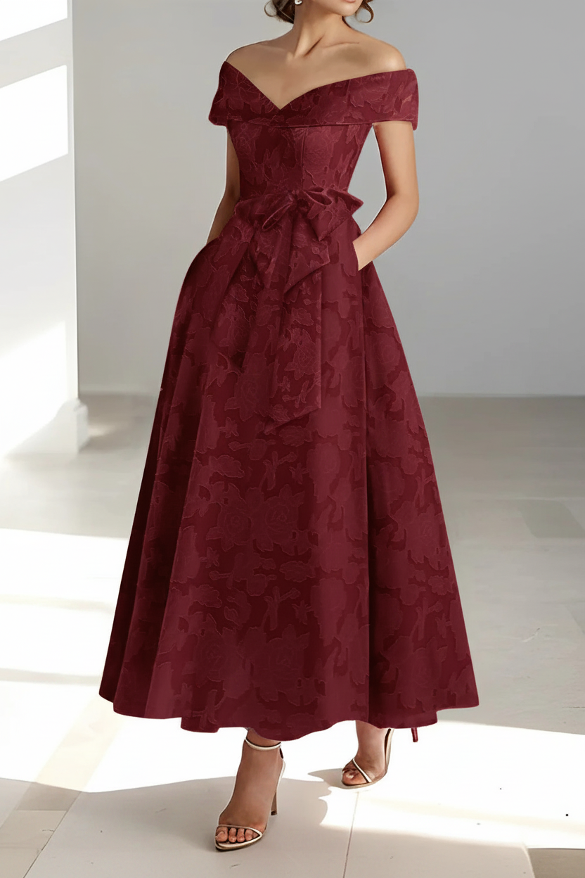 A-Line/Princess Off-the-Shoulder Sleeveless Ankle-Length Rose Lace Applique Mother of the Bride Dresses with Pockets