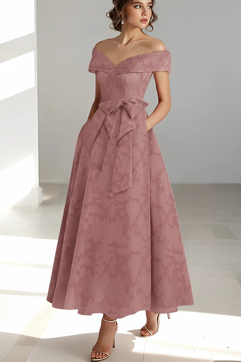 A-Line/Princess Off-the-Shoulder Sleeveless Ankle-Length Rose Lace Applique Mother of the Bride Dresses with Pockets