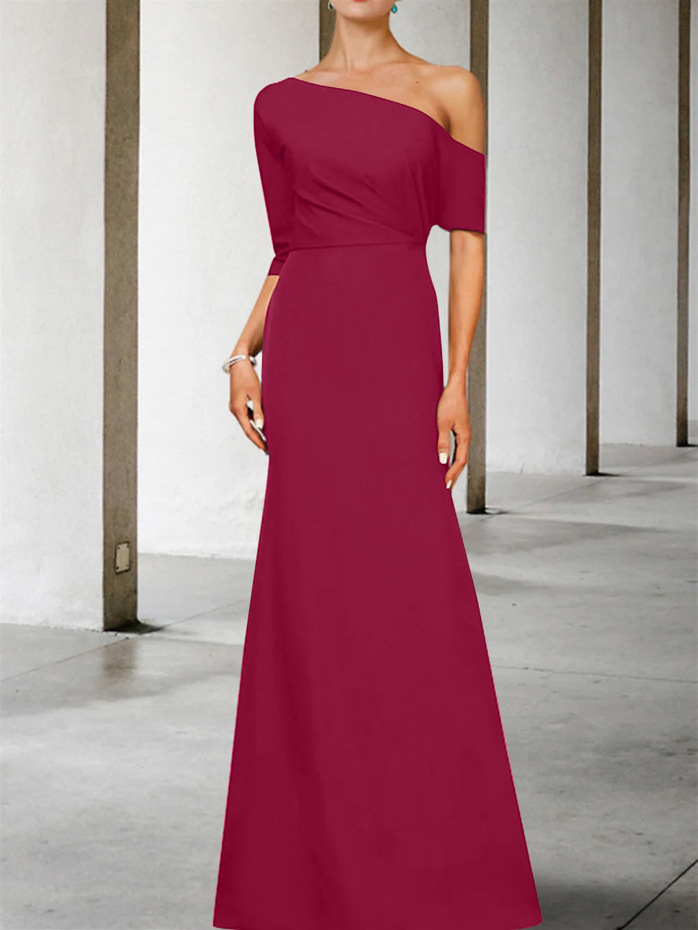 A-Line/Princess One-Shoulder 3/4 Length Sleeves Floor-Length Mother of the Bride Dresses