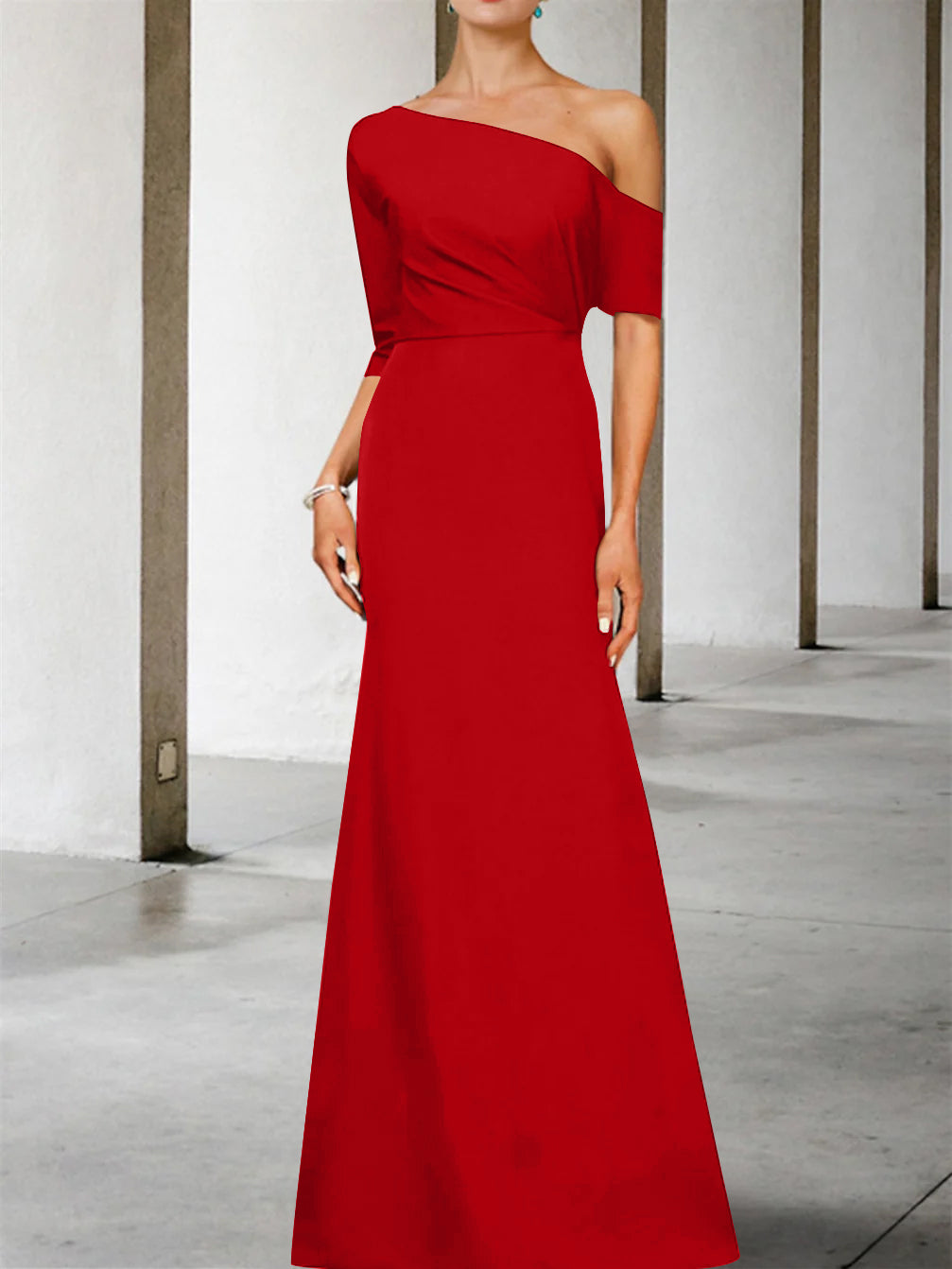 A-Line/Princess One-Shoulder 3/4 Length Sleeves Floor-Length Mother of the Bride Dresses
