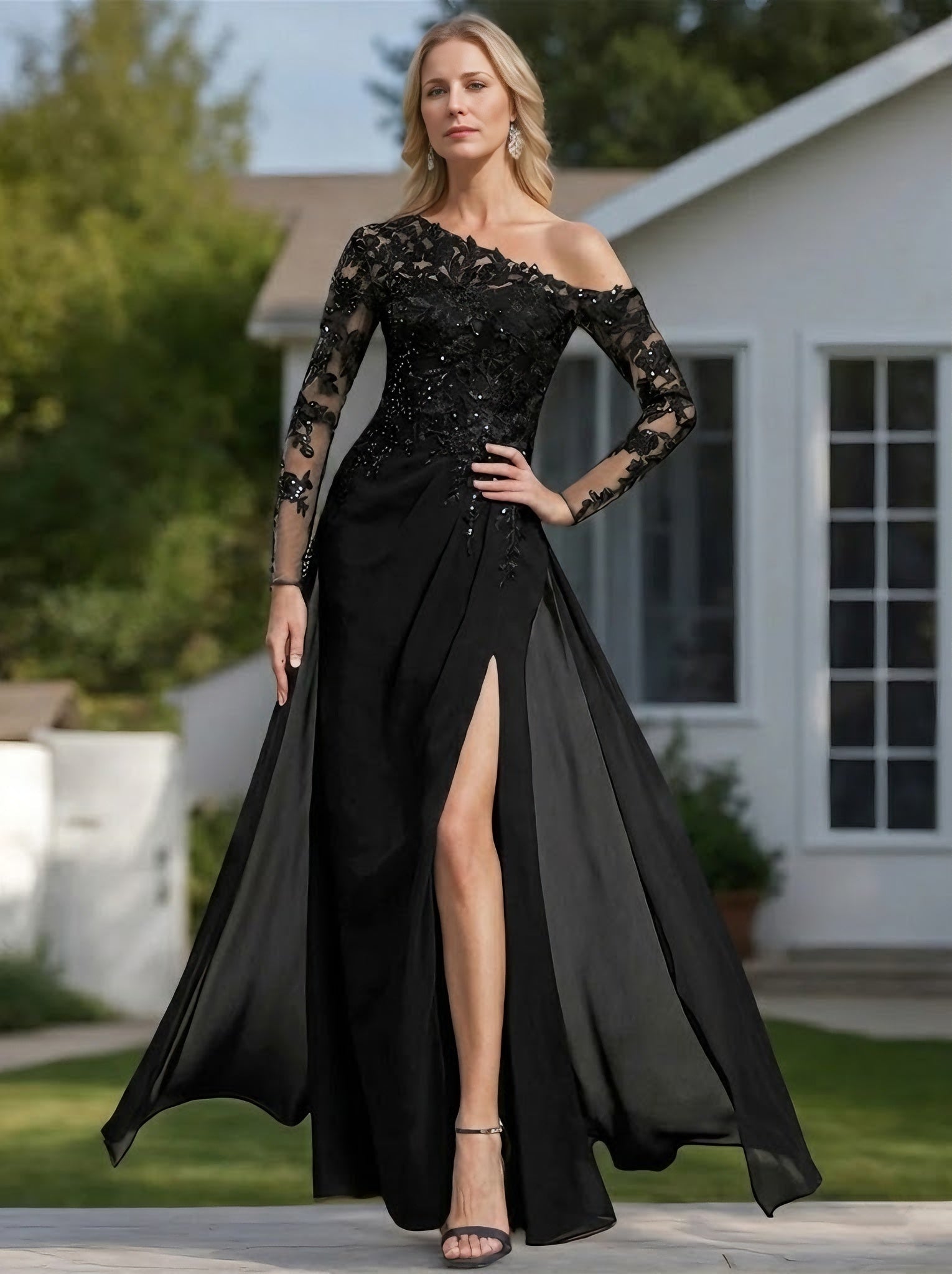 A-Line/Princess One-Shoulder Long Sleeves Floor Length Mother of the Bride Dresses with High Split