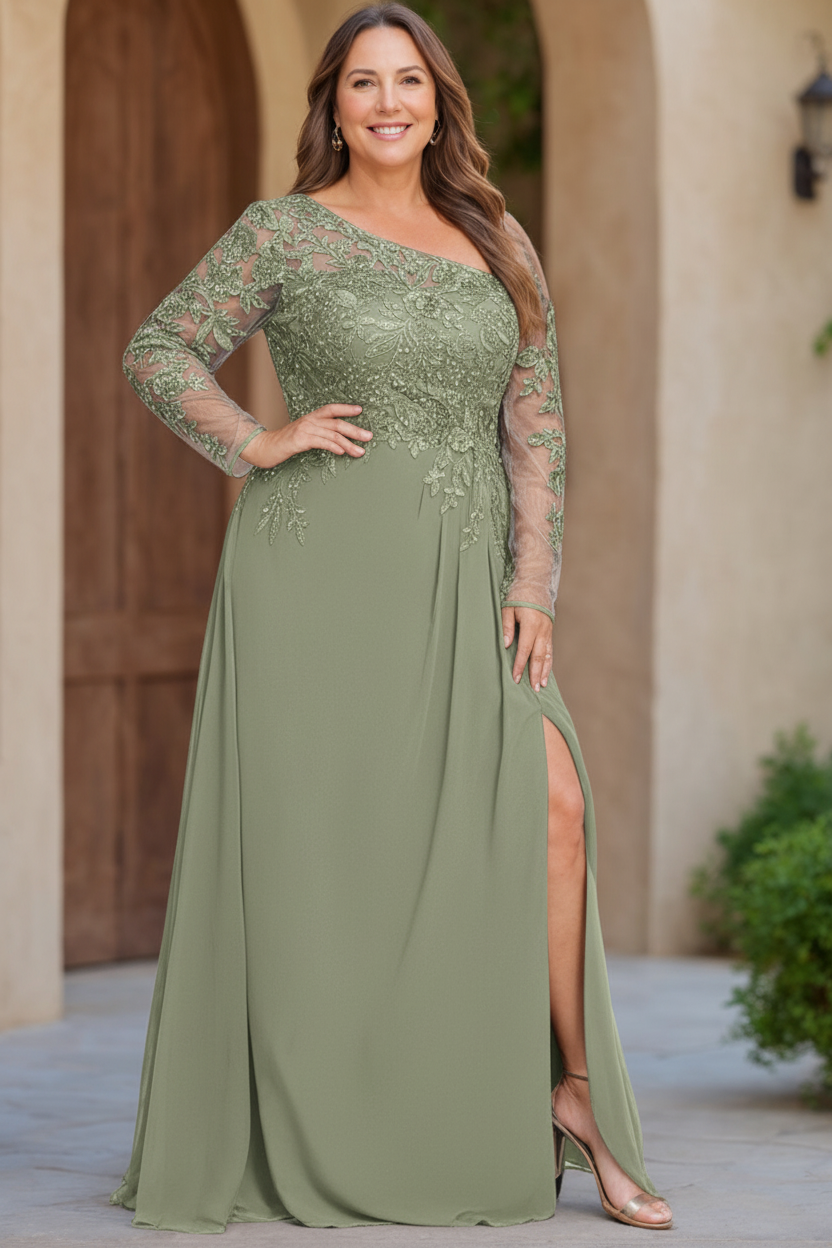 A-Line/Princess One-Shoulder Long Sleeves Floor Length Plus Size Mother of the Bride Dresses with High Split