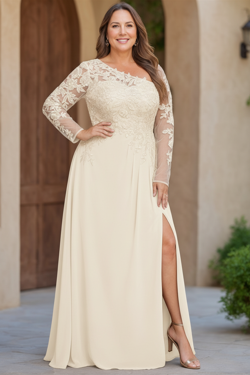 A-Line/Princess One-Shoulder Long Sleeves Floor Length Plus Size Mother of the Bride Dresses with High Split