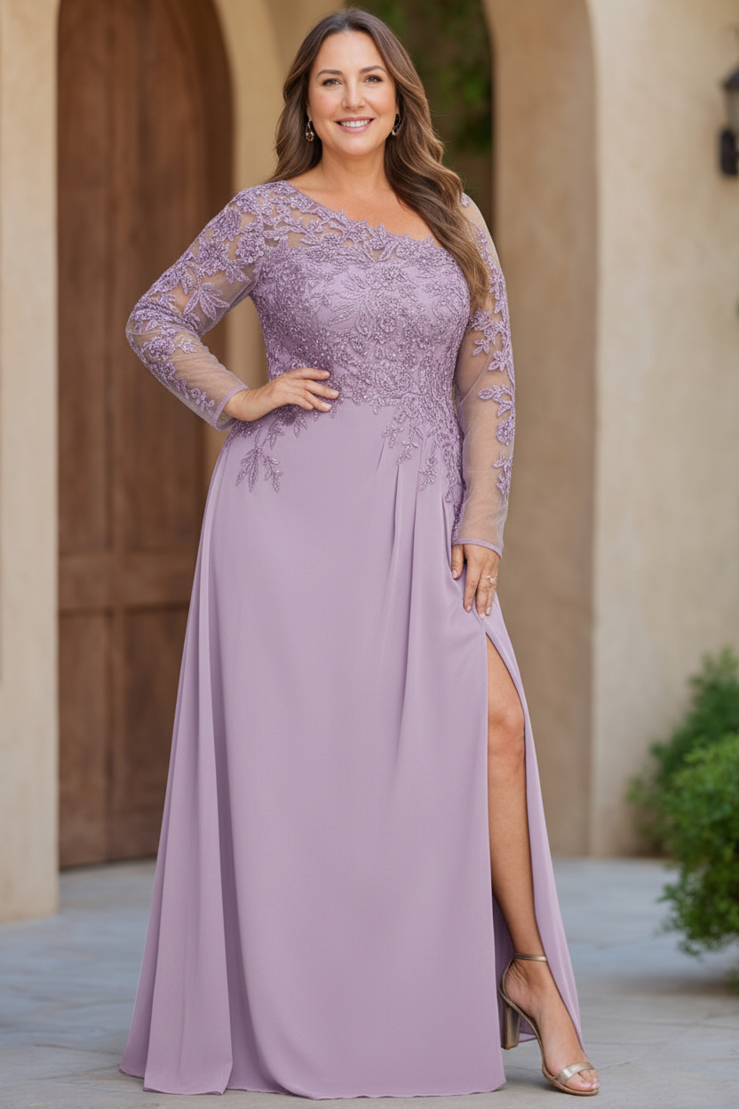 A-Line/Princess One-Shoulder Long Sleeves Floor Length Plus Size Mother of the Bride Dresses with High Split