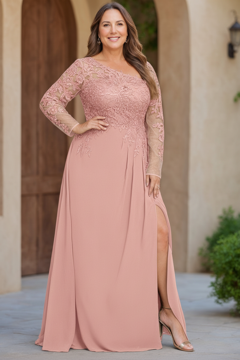 A-Line/Princess One-Shoulder Long Sleeves Floor Length Plus Size Mother of the Bride Dresses with High Split