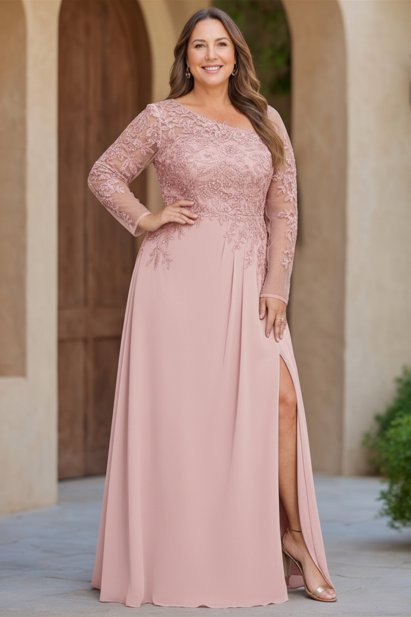 A-Line/Princess One-Shoulder Long Sleeves Floor Length Plus Size Mother of the Bride Dresses with High Split