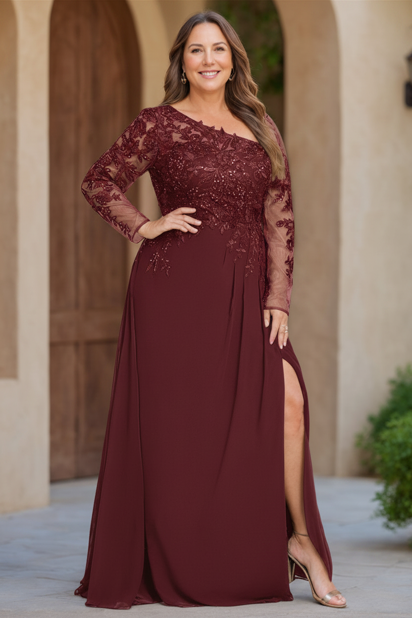 A-Line/Princess One-Shoulder Long Sleeves Floor Length Plus Size Mother of the Bride Dresses with High Split