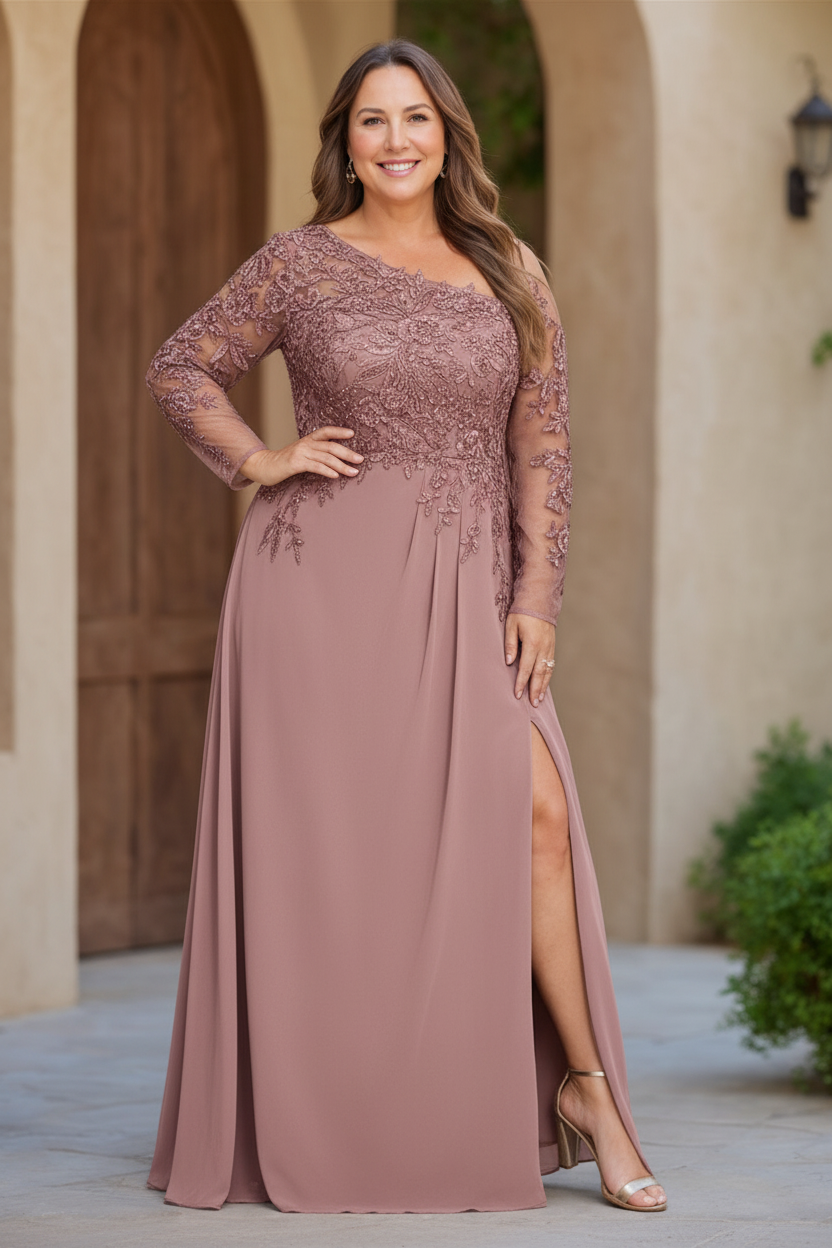 A-Line/Princess One-Shoulder Long Sleeves Floor Length Plus Size Mother of the Bride Dresses with High Split