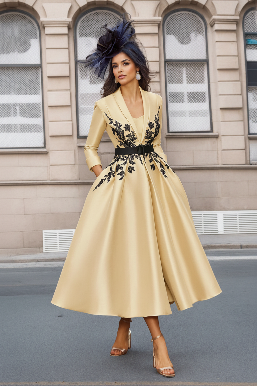 A-Line/Princess Plunge V-Neck 3/4 Sleeves Ankle-Length Pleated Mother of the Bride Dresses with Appliques & Belt