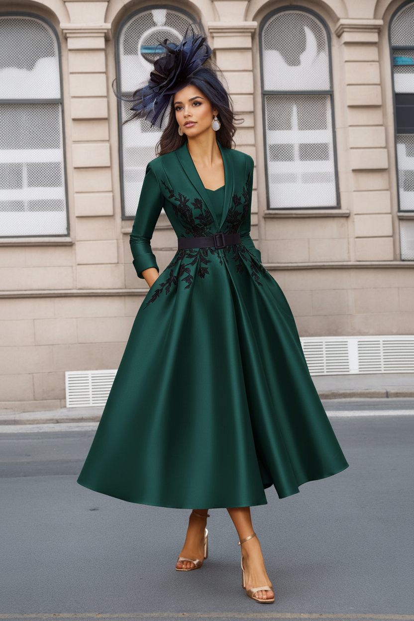 A-Line/Princess Plunge V-Neck 3/4 Sleeves Ankle-Length Pleated Mother of the Bride Dresses with Appliques & Belt