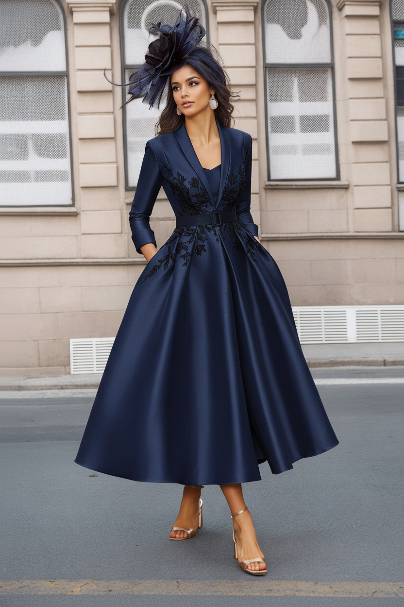 A-Line/Princess Plunge V-Neck 3/4 Sleeves Ankle-Length Pleated Mother of the Bride Dresses with Appliques & Belt