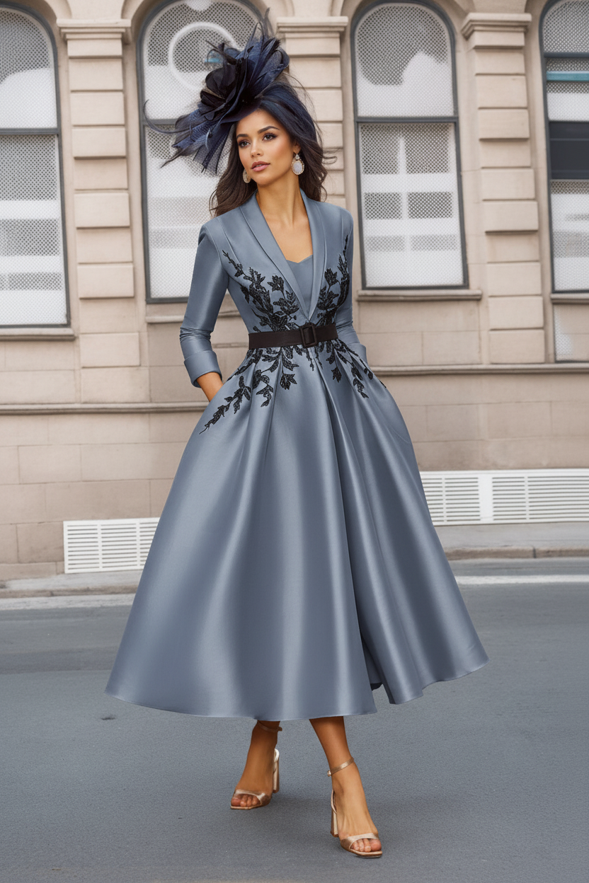 A-Line/Princess Plunge V-Neck 3/4 Sleeves Ankle-Length Pleated Mother of the Bride Dresses with Appliques & Belt