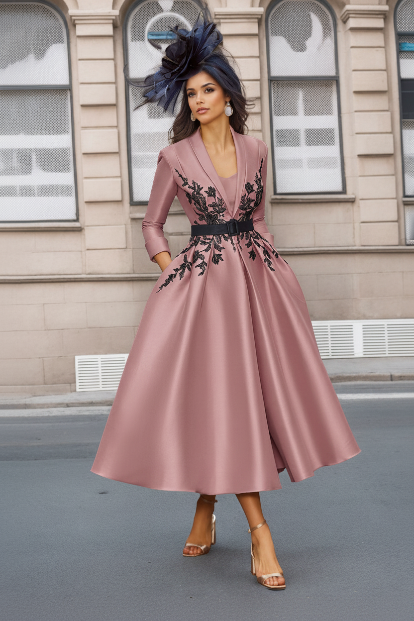 A-Line/Princess Plunge V-Neck 3/4 Sleeves Ankle-Length Pleated Mother of the Bride Dresses with Appliques & Belt