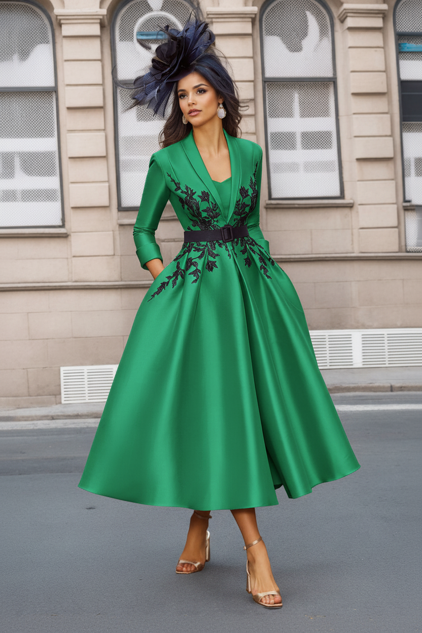 A-Line/Princess Plunge V-Neck 3/4 Sleeves Ankle-Length Pleated Mother of the Bride Dresses with Appliques & Belt