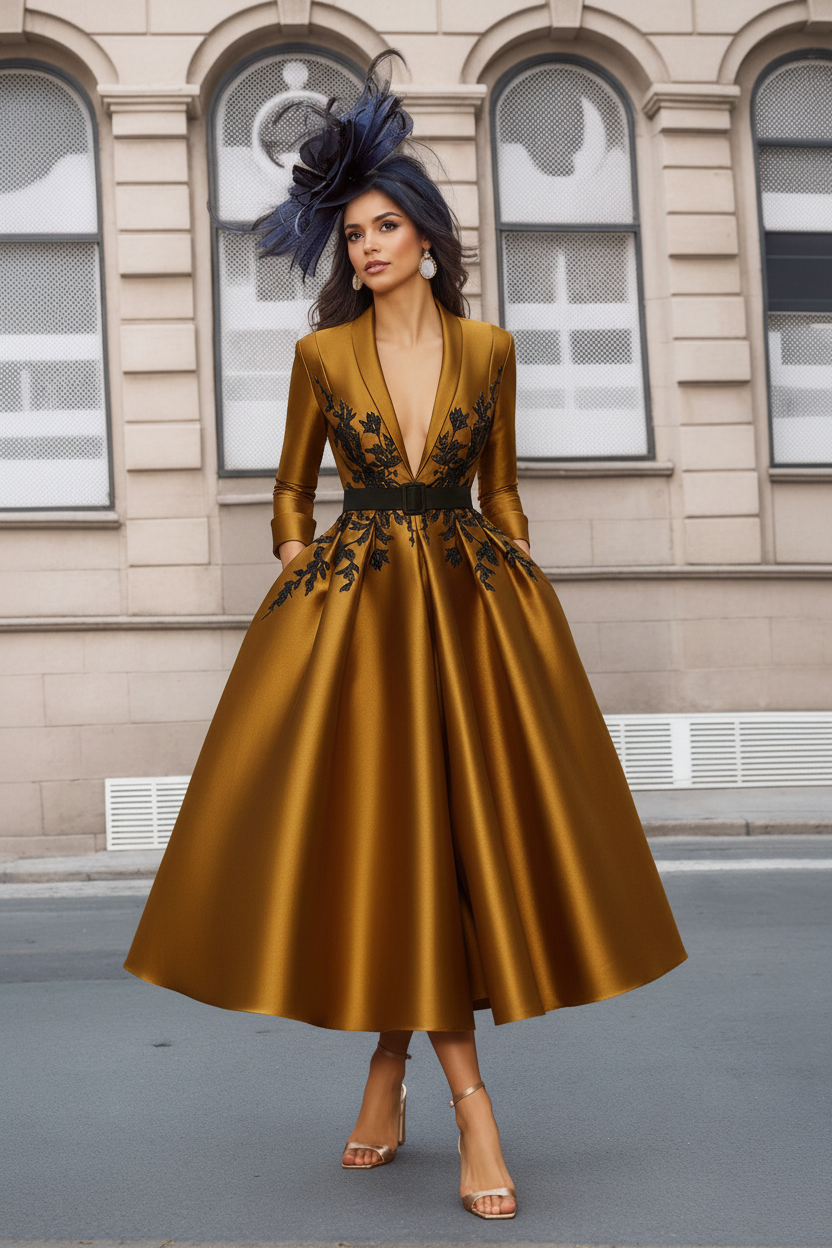 A-Line/Princess Plunge V-Neck 3/4 Sleeves Ankle-Length Pleated Mother of the Bride Dresses with Appliques & Belt