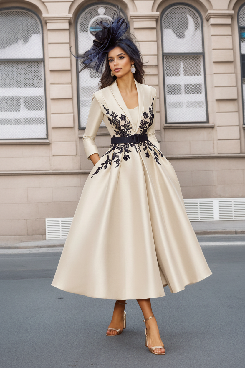 A-Line/Princess Plunge V-Neck 3/4 Sleeves Ankle-Length Pleated Mother of the Bride Dresses with Appliques & Belt