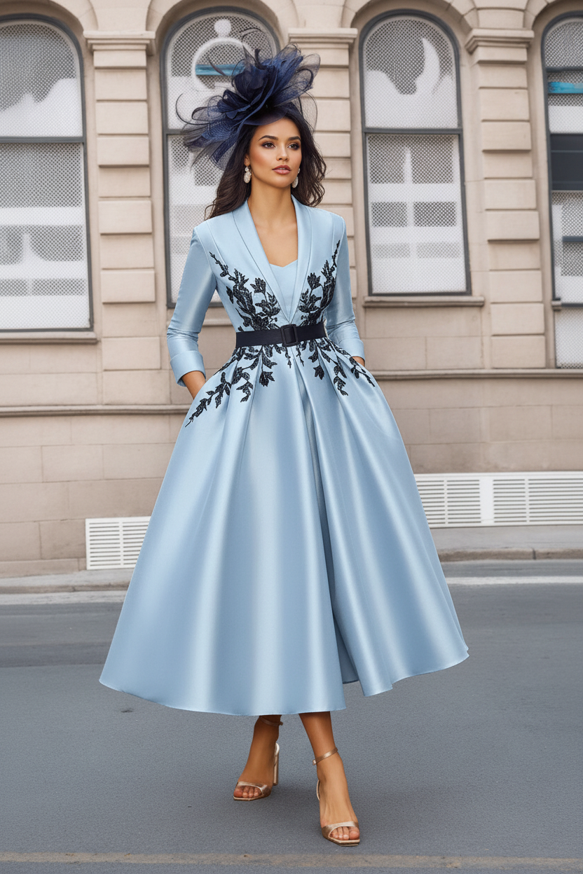 A-Line/Princess Plunge V-Neck 3/4 Sleeves Ankle-Length Pleated Mother of the Bride Dresses with Appliques & Belt