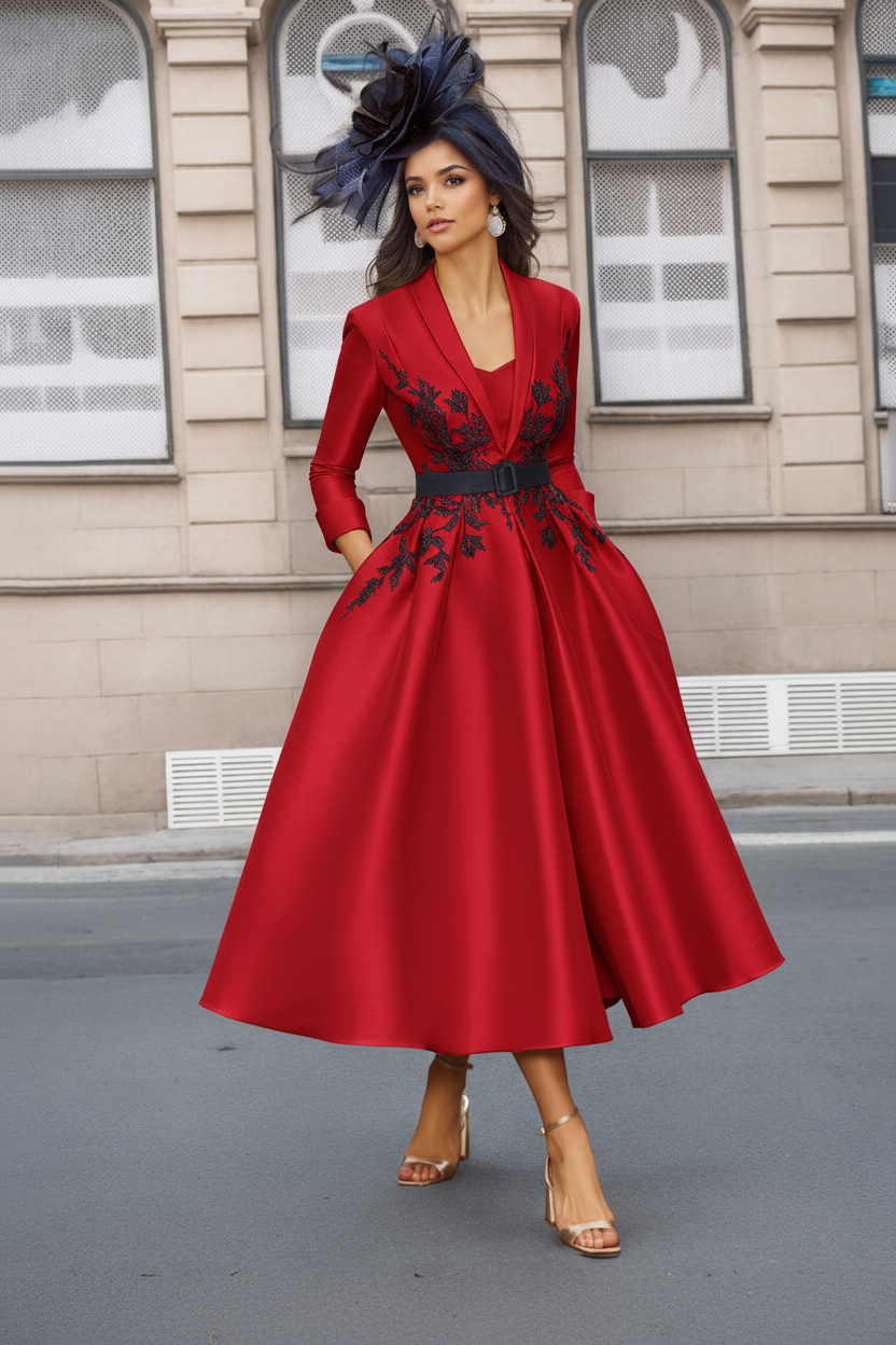 A-Line/Princess Plunge V-Neck 3/4 Sleeves Ankle-Length Pleated Mother of the Bride Dresses with Appliques & Belt