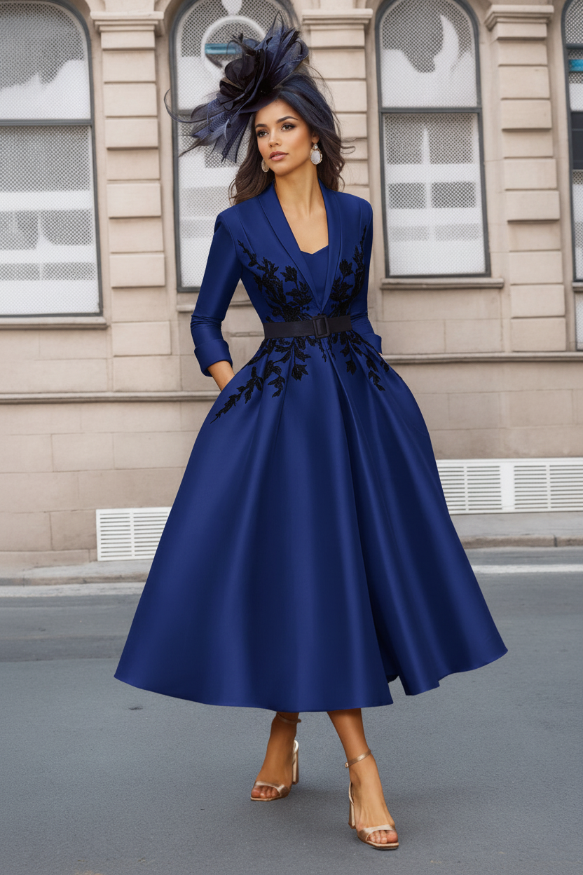 A-Line/Princess Plunge V-Neck 3/4 Sleeves Ankle-Length Pleated Mother of the Bride Dresses with Appliques & Belt