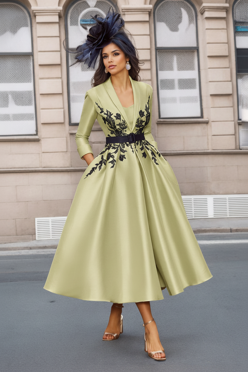 A-Line/Princess Plunge V-Neck 3/4 Sleeves Ankle-Length Pleated Mother of the Bride Dresses with Appliques & Belt