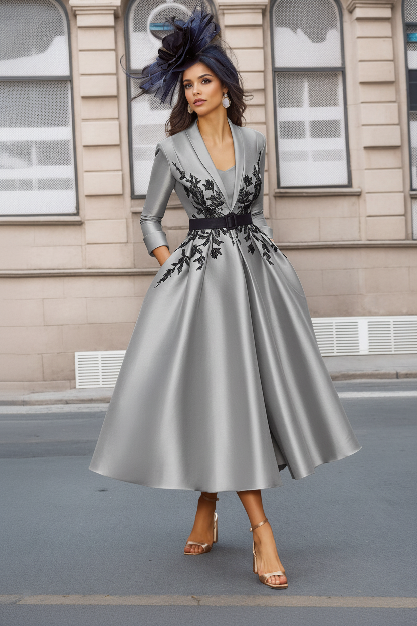 A-Line/Princess Plunge V-Neck 3/4 Sleeves Ankle-Length Pleated Mother of the Bride Dresses with Appliques & Belt