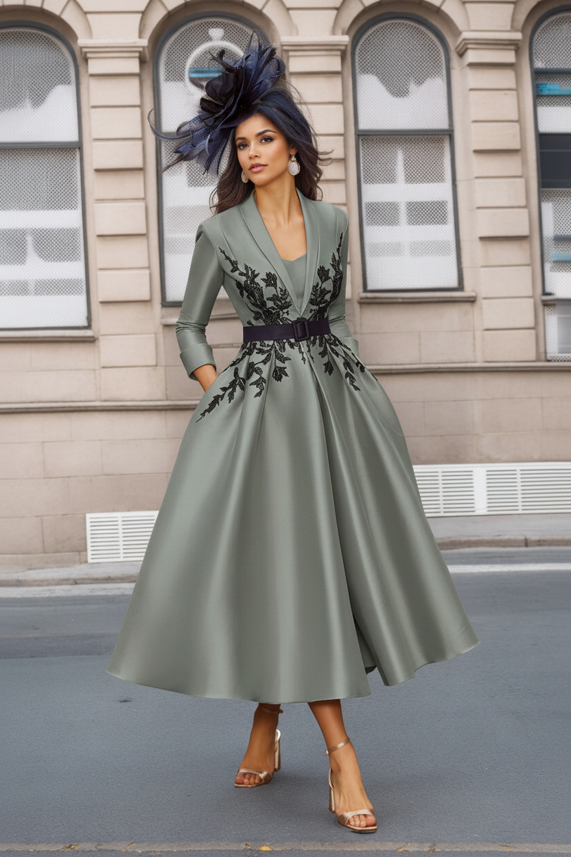 A-Line/Princess Plunge V-Neck 3/4 Sleeves Ankle-Length Pleated Mother of the Bride Dresses with Appliques & Belt
