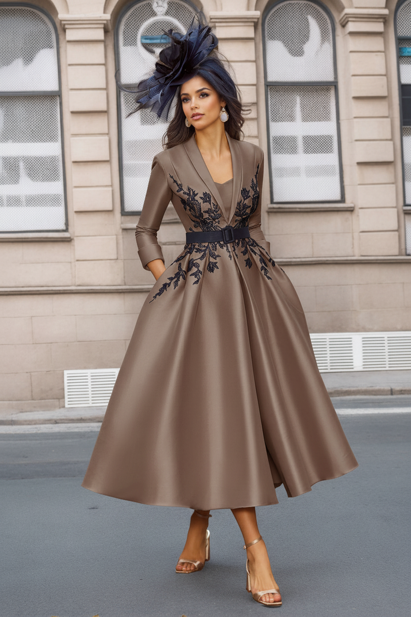 A-Line/Princess Plunge V-Neck 3/4 Sleeves Ankle-Length Pleated Mother of the Bride Dresses with Appliques & Belt