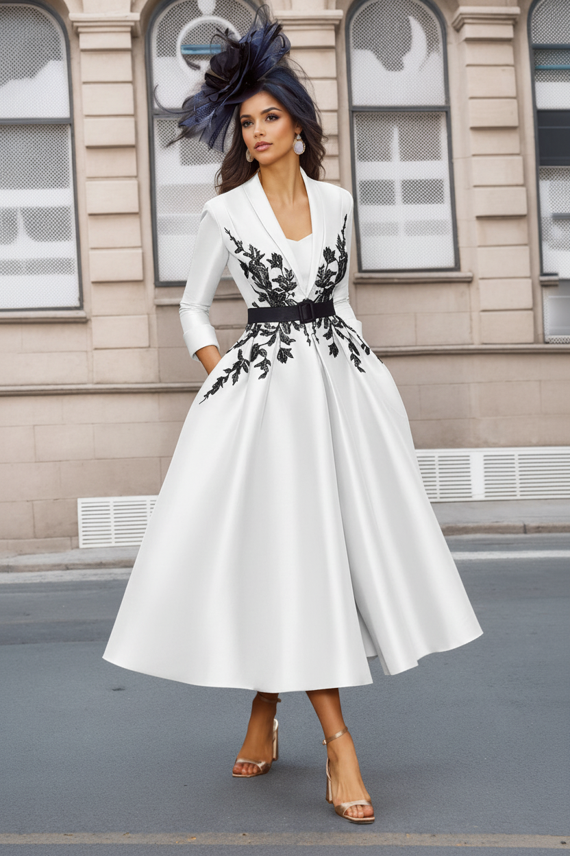 A-Line/Princess Plunge V-Neck 3/4 Sleeves Ankle-Length Pleated Mother of the Bride Dresses with Appliques & Belt