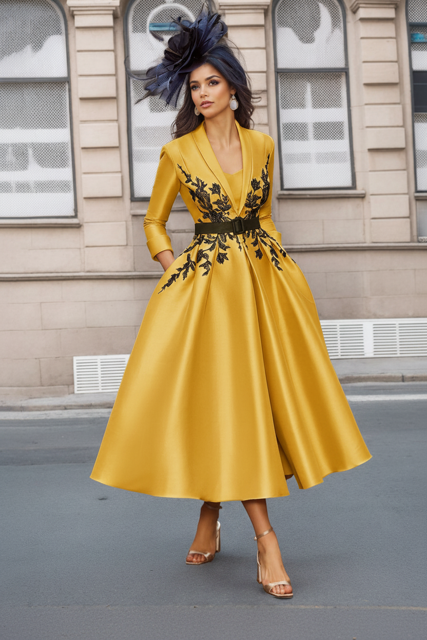 A-Line/Princess Plunge V-Neck 3/4 Sleeves Ankle-Length Pleated Mother of the Bride Dresses with Appliques & Belt