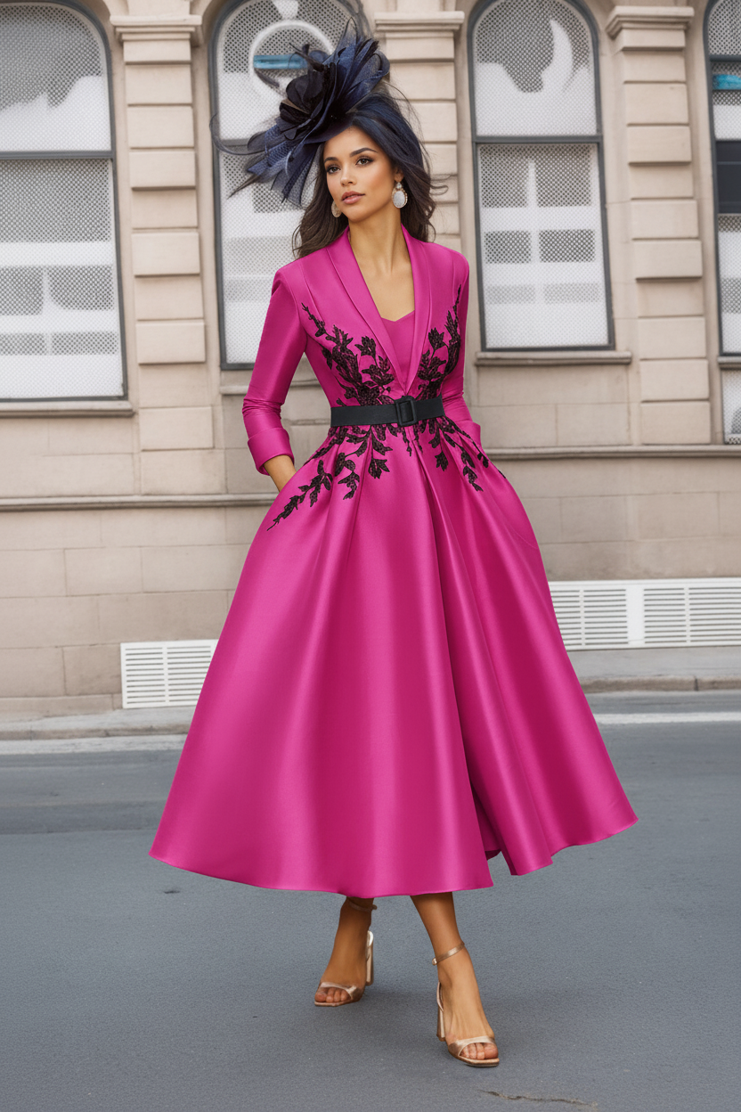 A-Line/Princess Plunge V-Neck 3/4 Sleeves Ankle-Length Pleated Mother of the Bride Dresses with Appliques & Belt