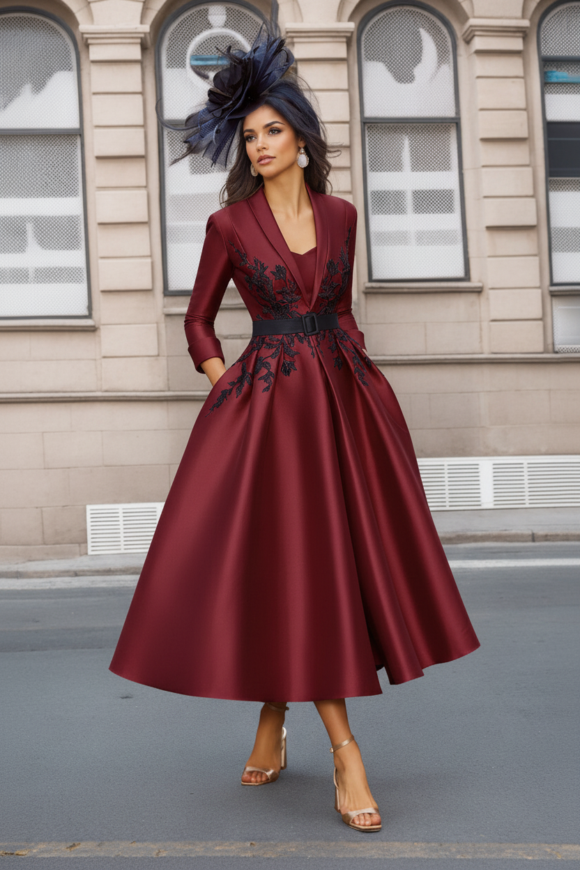 A-Line/Princess Plunge V-Neck 3/4 Sleeves Ankle-Length Pleated Mother of the Bride Dresses with Appliques & Belt