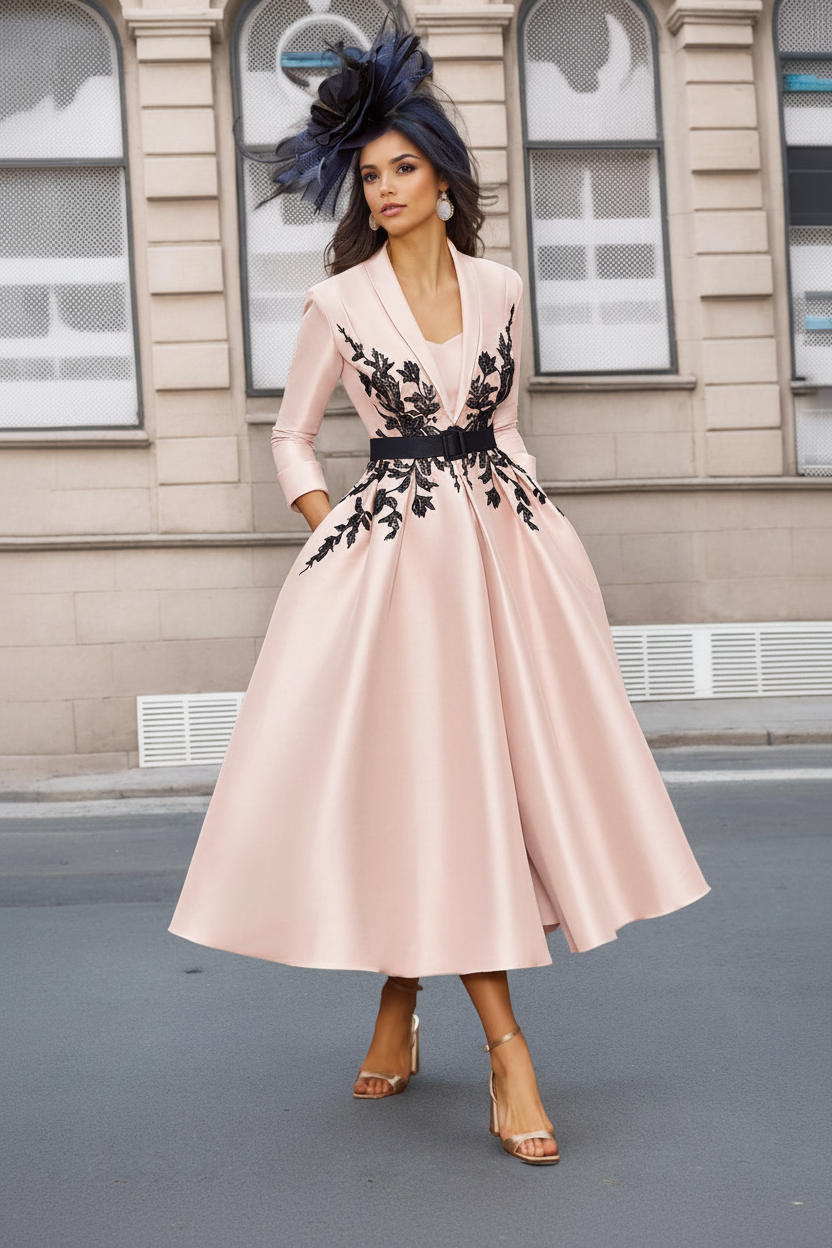 A-Line/Princess Plunge V-Neck 3/4 Sleeves Ankle-Length Pleated Mother of the Bride Dresses with Appliques & Belt