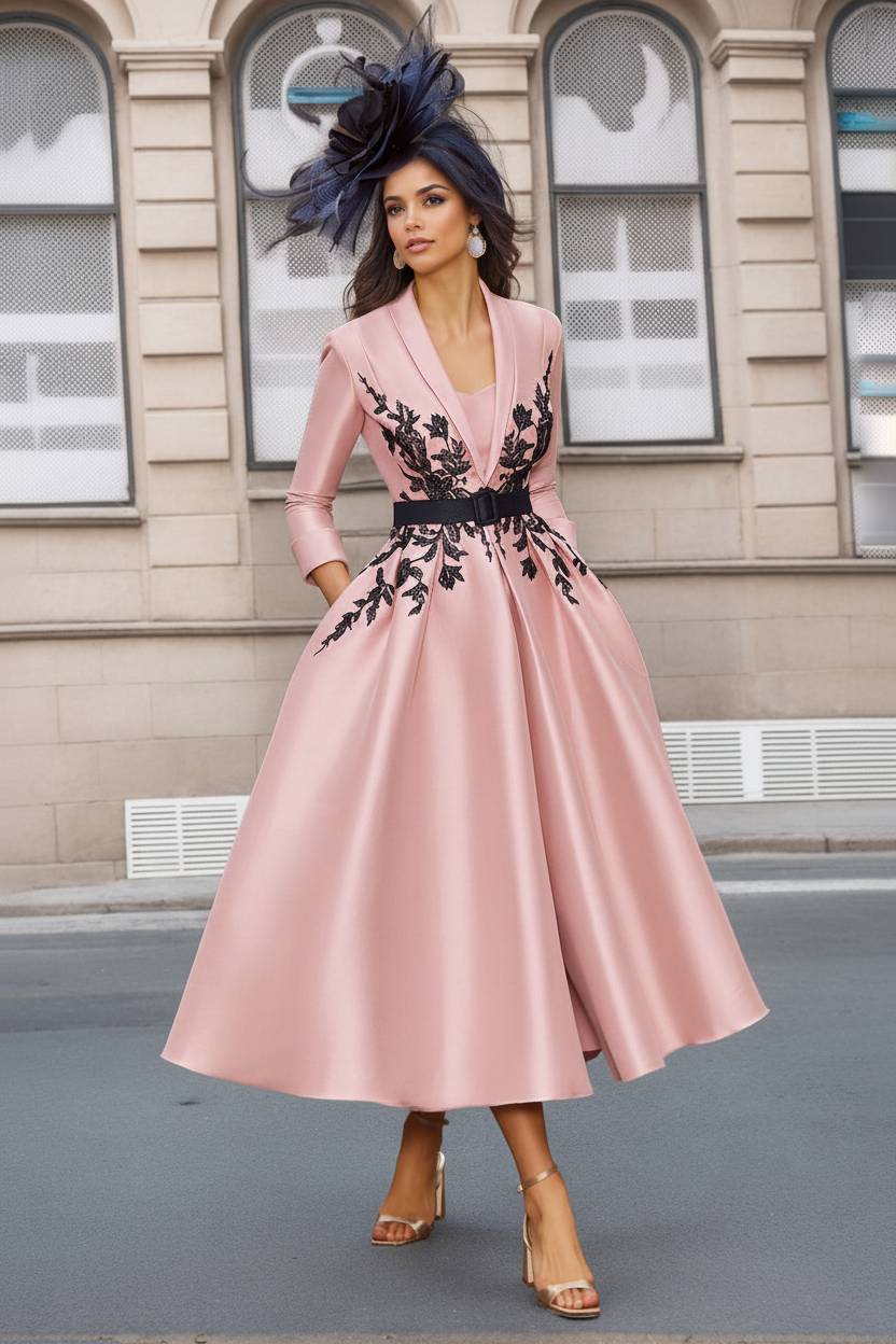 A-Line/Princess Plunge V-Neck 3/4 Sleeves Ankle-Length Pleated Mother of the Bride Dresses with Appliques & Belt