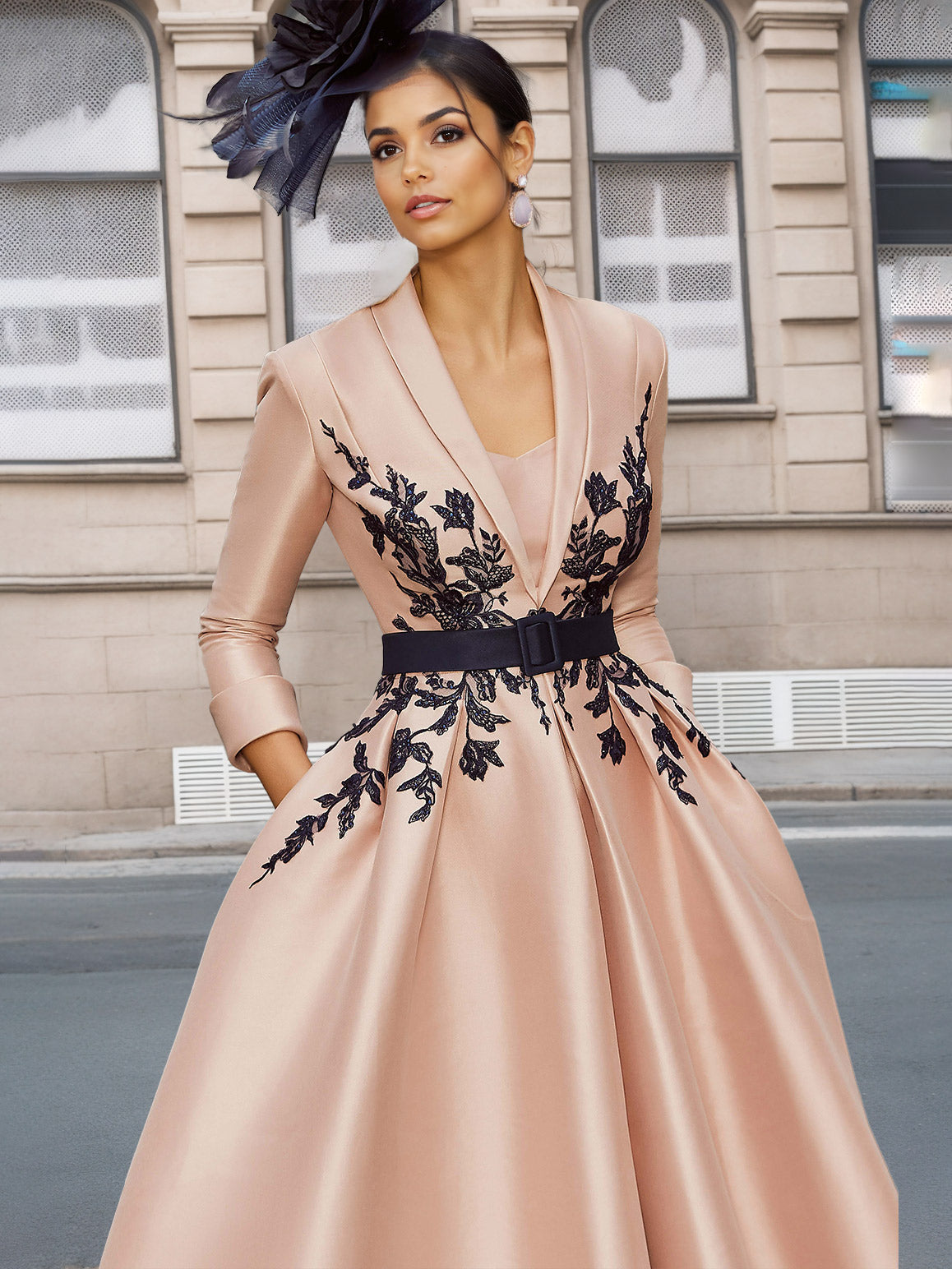 A-Line/Princess Plunge V-Neck 3/4 Sleeves Ankle-Length Pleated Mother of the Bride Dresses with Appliques & Belt