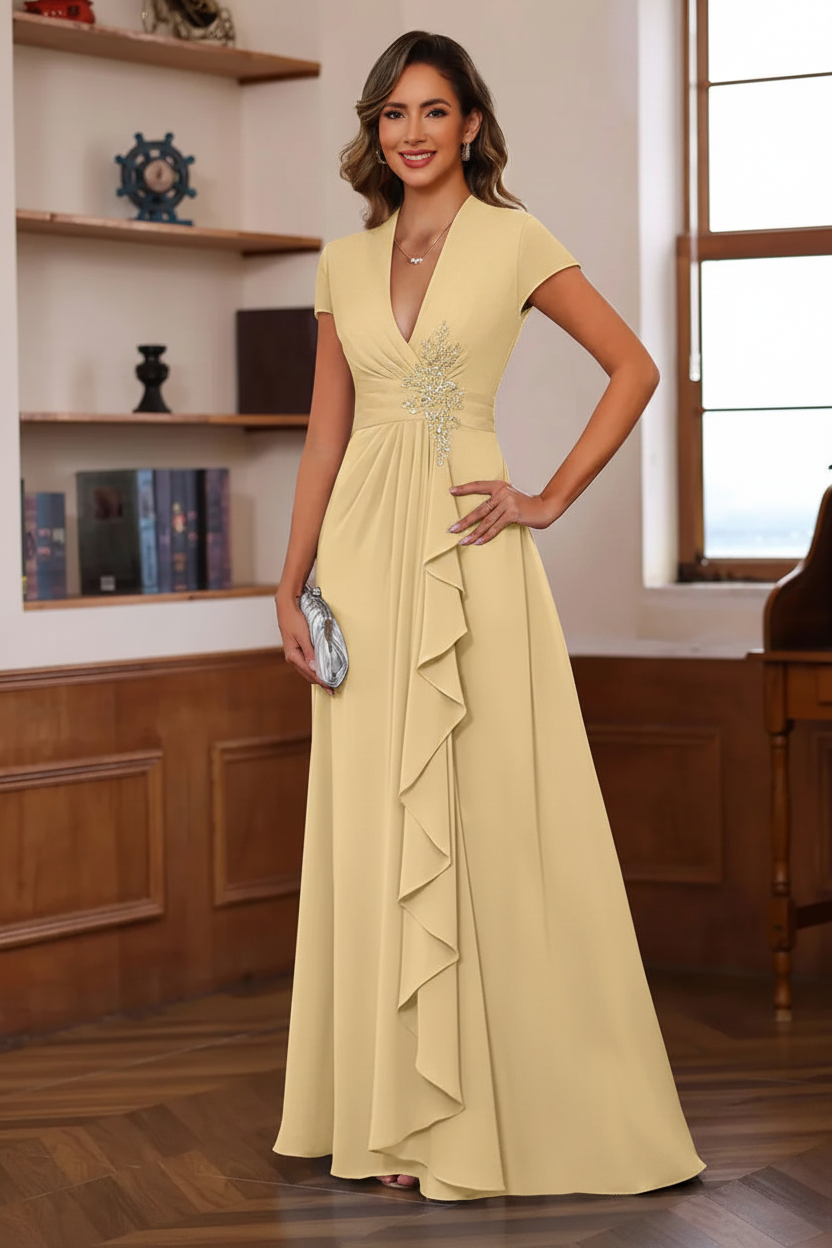 A-Line/Princess Plunge V-Neck Short Sleeves Floor-Length Pleated Mother of the Bride Dresses with Ruffles & Appliques