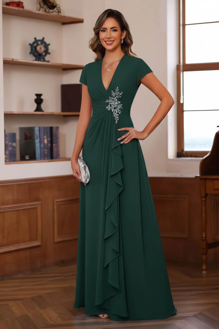 A-Line/Princess Plunge V-Neck Short Sleeves Floor-Length Pleated Mother of the Bride Dresses with Ruffles & Appliques