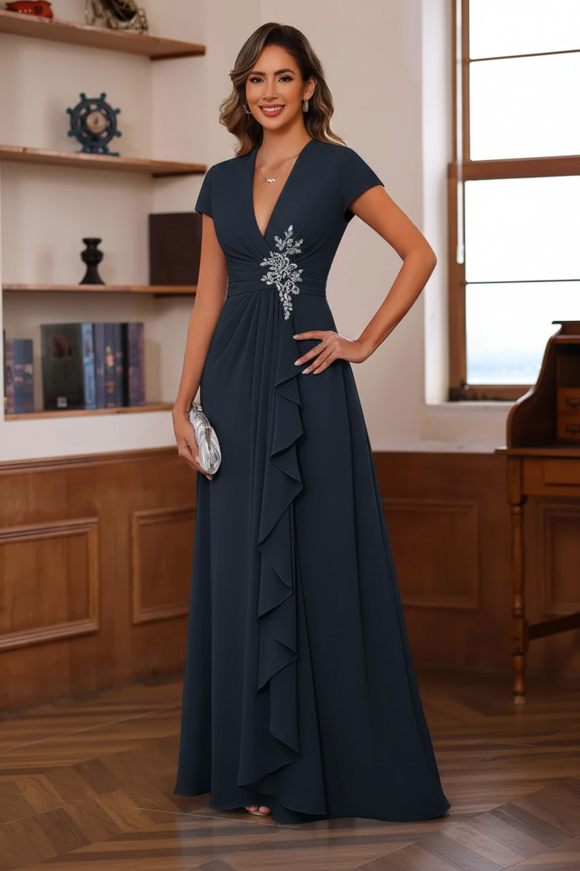 A-Line/Princess Plunge V-Neck Short Sleeves Floor-Length Pleated Mother of the Bride Dresses with Ruffles & Appliques