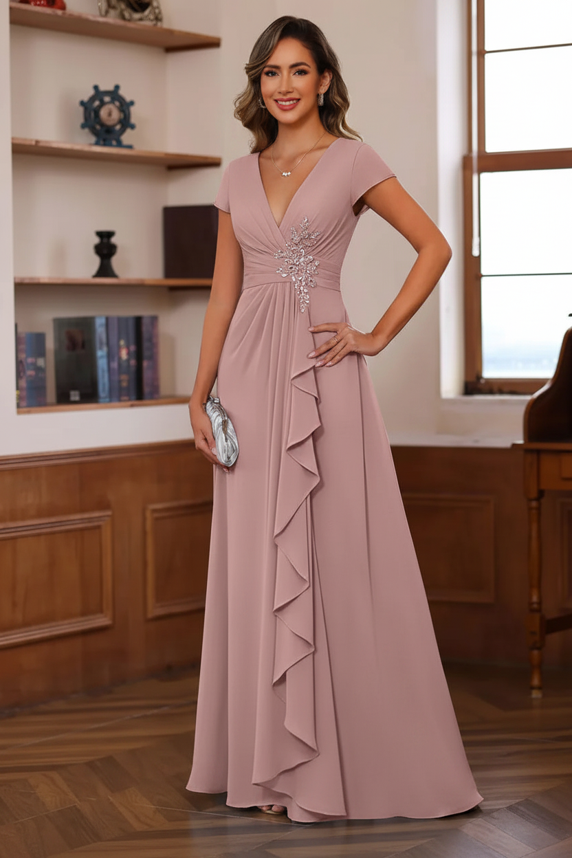 A-Line/Princess Plunge V-Neck Short Sleeves Floor-Length Pleated Mother of the Bride Dresses with Ruffles & Appliques