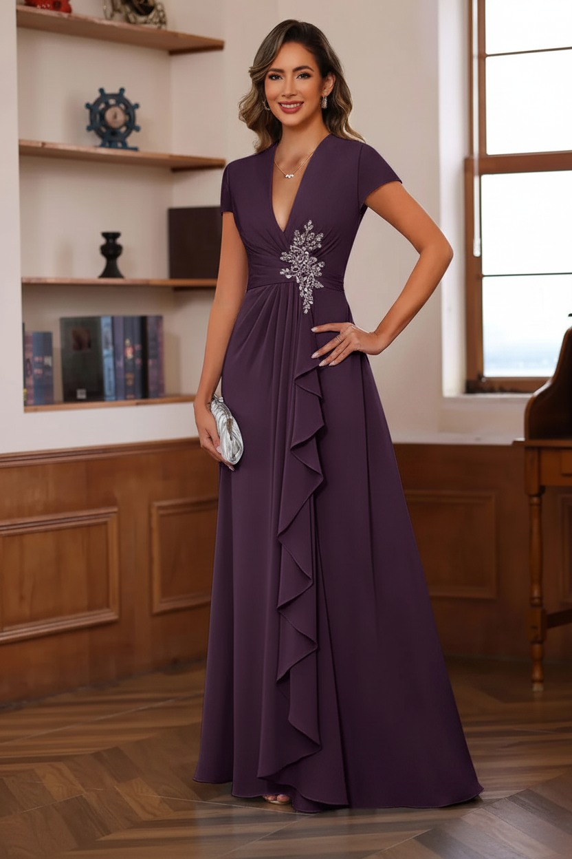 A-Line/Princess Plunge V-Neck Short Sleeves Floor-Length Pleated Mother of the Bride Dresses with Ruffles & Appliques